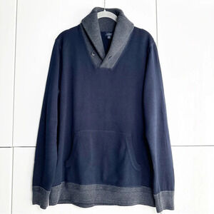 J. Crew Mens Shawl Collar Sweater Navy Gray Trim Medium Cotton Old Money Preppy